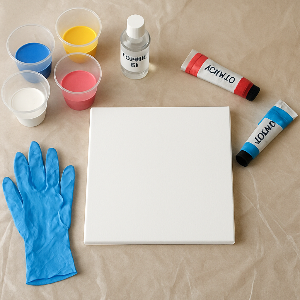 A neatly arranged acrylic pouring workstation with canvas, cups, paints, silicone oil, gloves, and drop cloth. Alt: acrylic pouring materials for beginners.