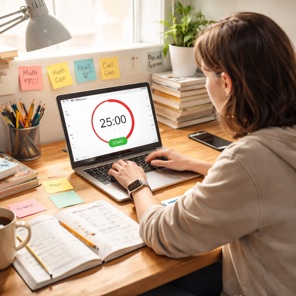A student using a Pomodoro timer on a laptop with sticky notes on a study desk. Alt: Focused student using Pomodoro timer.