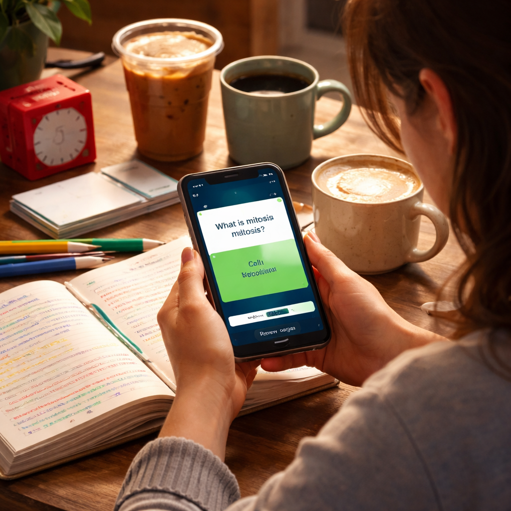 A student using a flashcard app on a phone during a Pomodoro break, surrounded by coffee cups. Alt: active recall study techniques with spaced repetition.
