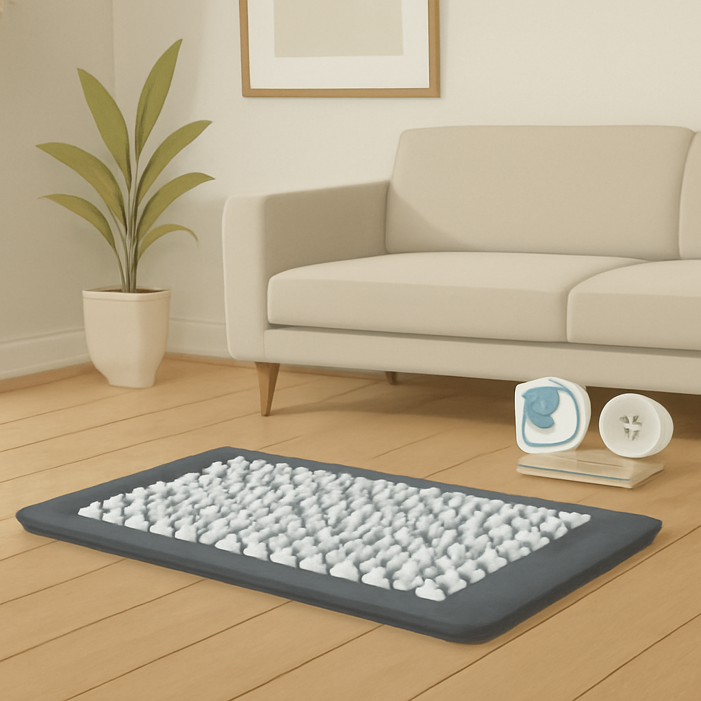 Een stijlvolle acupressuur mat op een houten vloer in een minimalistische woonkamer. Alt: acupressuur mat rugpijn gebruik
