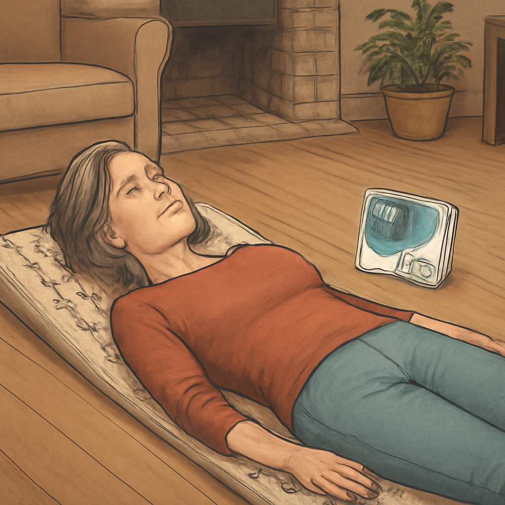 Een vrouw in haar middenleeftijd ligt ontspannen op een acupressuur mat met een Healy apparaat naast zich, in een rustieke woonkamer. Alt: vrouw met acupressuur mat en Healy apparaat.