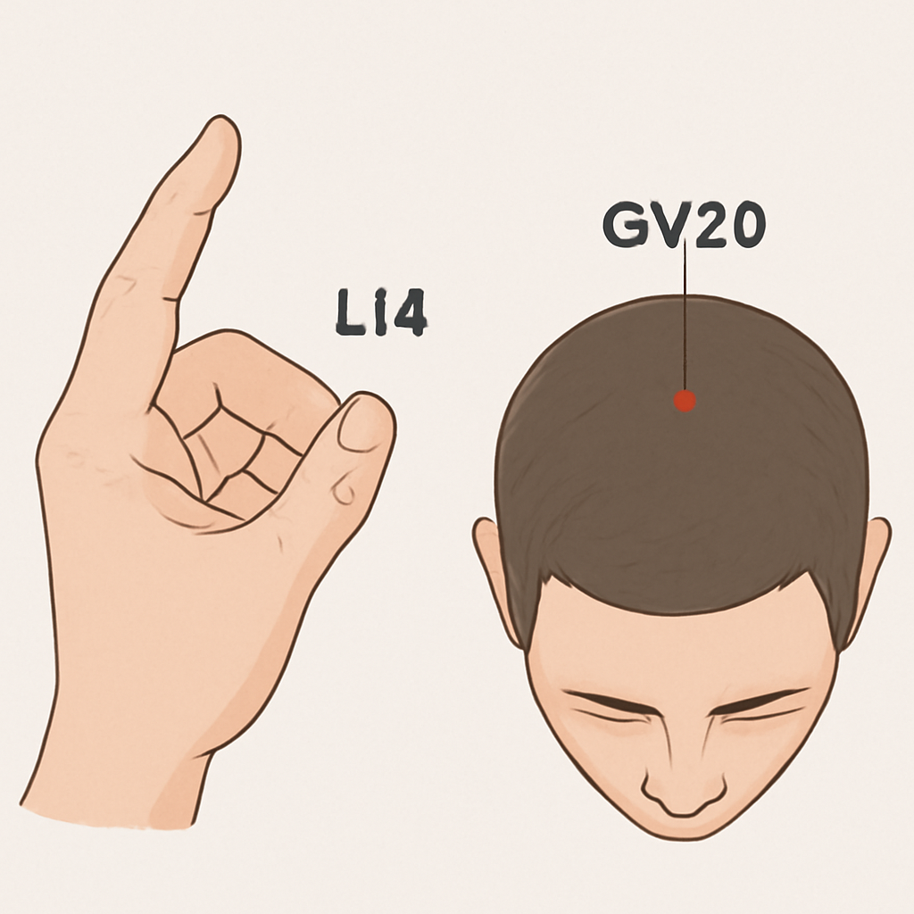 Een duidelijke illustratie van de hand met het LI4‑punt gemarkeerd en een bovenaanzicht van het hoofd met het GV20‑punt aangegeven. Alt: acupressuurpunten LI4 en GV20 voor hoofdpijn, stap‑voor‑stap visualisatie.