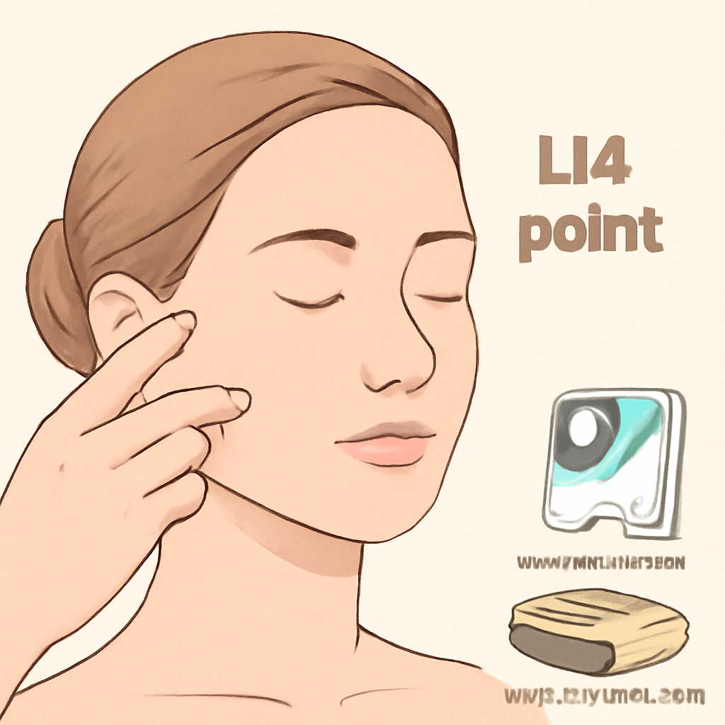 A close‑up of a woman's hand gently pressing the LI4 point on a relaxed face, showing calm expression. Alt: acupressuur punten tegen hoofdpijn uitleg illustration.