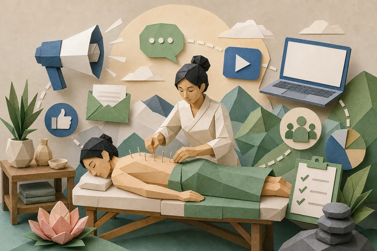 Papercraft illustration of Best Acupuncture Marketing Channels and Tools
