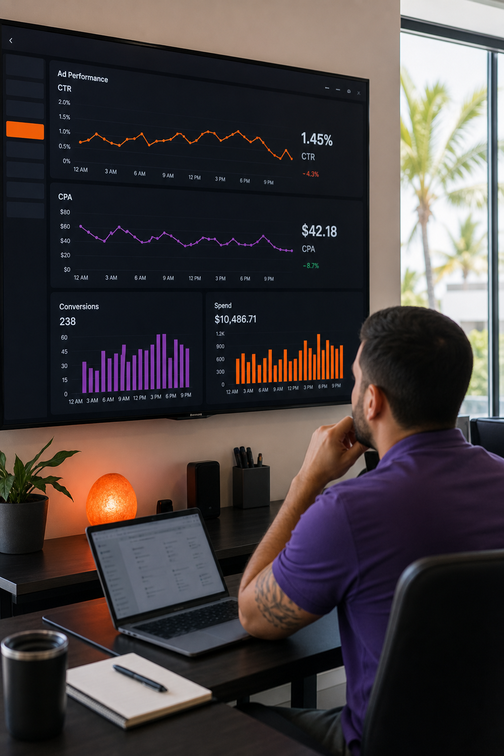 A realistic South Florida office where a marketer watches a live ad performance dashboard on a large screen, with charts showing CTR and CPA. Alt: real‑time ad operations monitoring in a Florida marketing office