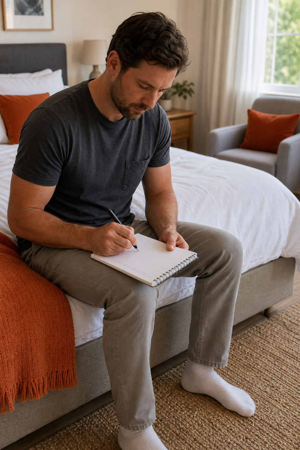 A photorealistic scene of a person sitting on the edge of a bed with a notepad and pen, writing down a budget list, with a bedroom in the background. Alt: Person creating a budget checklist for an adjustable bed purchase in Australia.