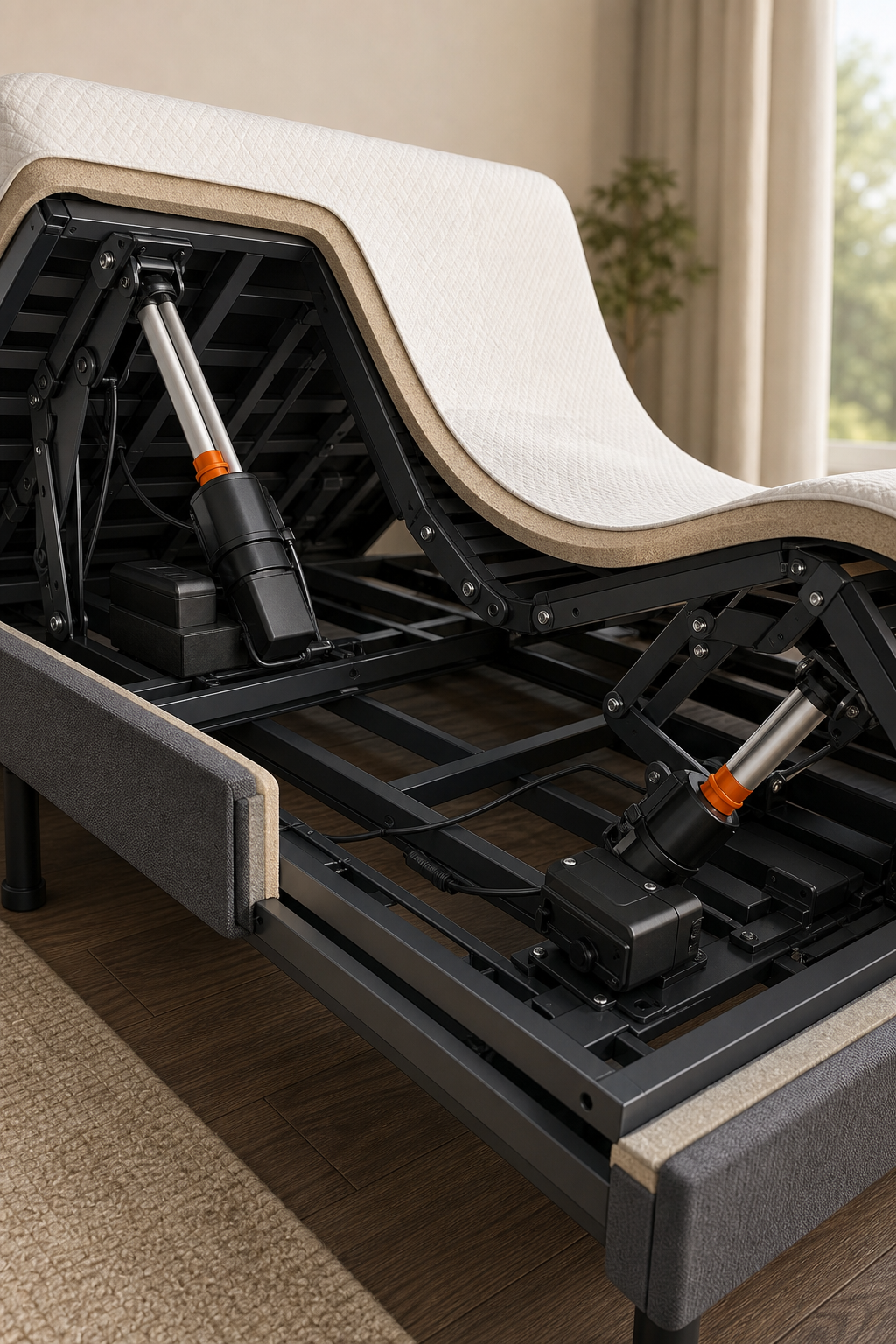 A close-up cross-section illustration showing the internal mechanism of an adjustable bed base with dual motors, one for head and one for foot, on a neutral background. Alt: Diagram of adjustable bed mechanism with dual motors for head and foot elevation.
