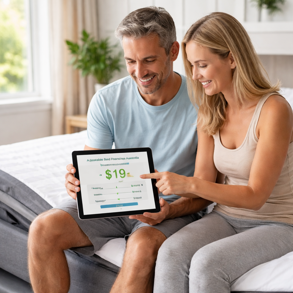 A photorealistic scene of an Australian couple sitting on the edge of an adjustable bed in a bright bedroom, looking at a tablet showing a weekly payment calculator for adjustable bed financing australia. Alt: Adjustable bed financing australia calculator example.