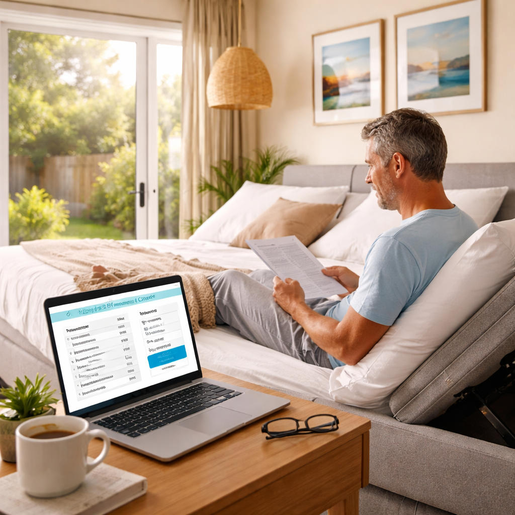 A photorealistic scene of an Australian bedroom with an adjustable bed, a laptop open to a financing calculator, and a cup of tea on a bedside table, showing a calm adult reviewing payment options. Alt: Adjustable bed financing australia calculator example.