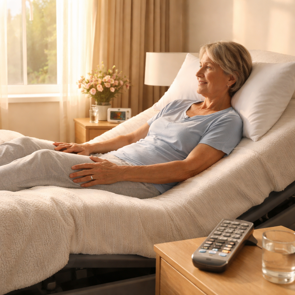 A photorealistic scene of a bedroom in Australia showing an adjustable bed set at a 25-degree head incline, a large tactile remote on a nightstand within easy reach, and a person with arthritis gently resting their hands on the mattress, soft morning light filtering through curtains. Alt: Adjustable bed for arthritis hands australia showing optimal sleeping position and hand comfort.
