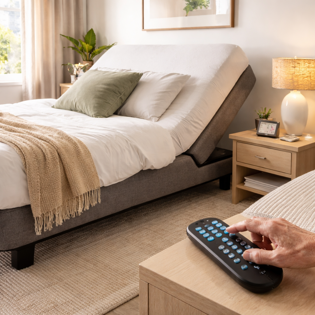 A photorealistic Australian bedroom scene showing Sleep Sophie HiLo base with head raised about 15°, a large-button remote on a nightstand, and a hand comfortably reaching for the button. Alt: Adjustable bed for arthritis hands australia – hand-friendly setup in a real Australian bedroom.