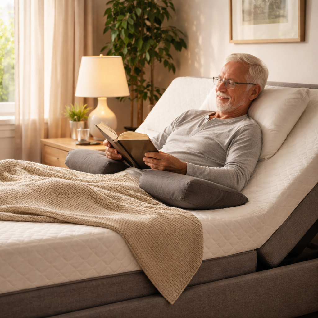 A photorealistic scene of a cozy bedroom with an adjustable bed set to a gentle incline, a rolled‑up towel supporting a person’s forearm, and soft morning light streaming in, highlighting the relaxed wrist position. Alt: Adjustable bed for arthritis wrist pain assessment and sleeping position.