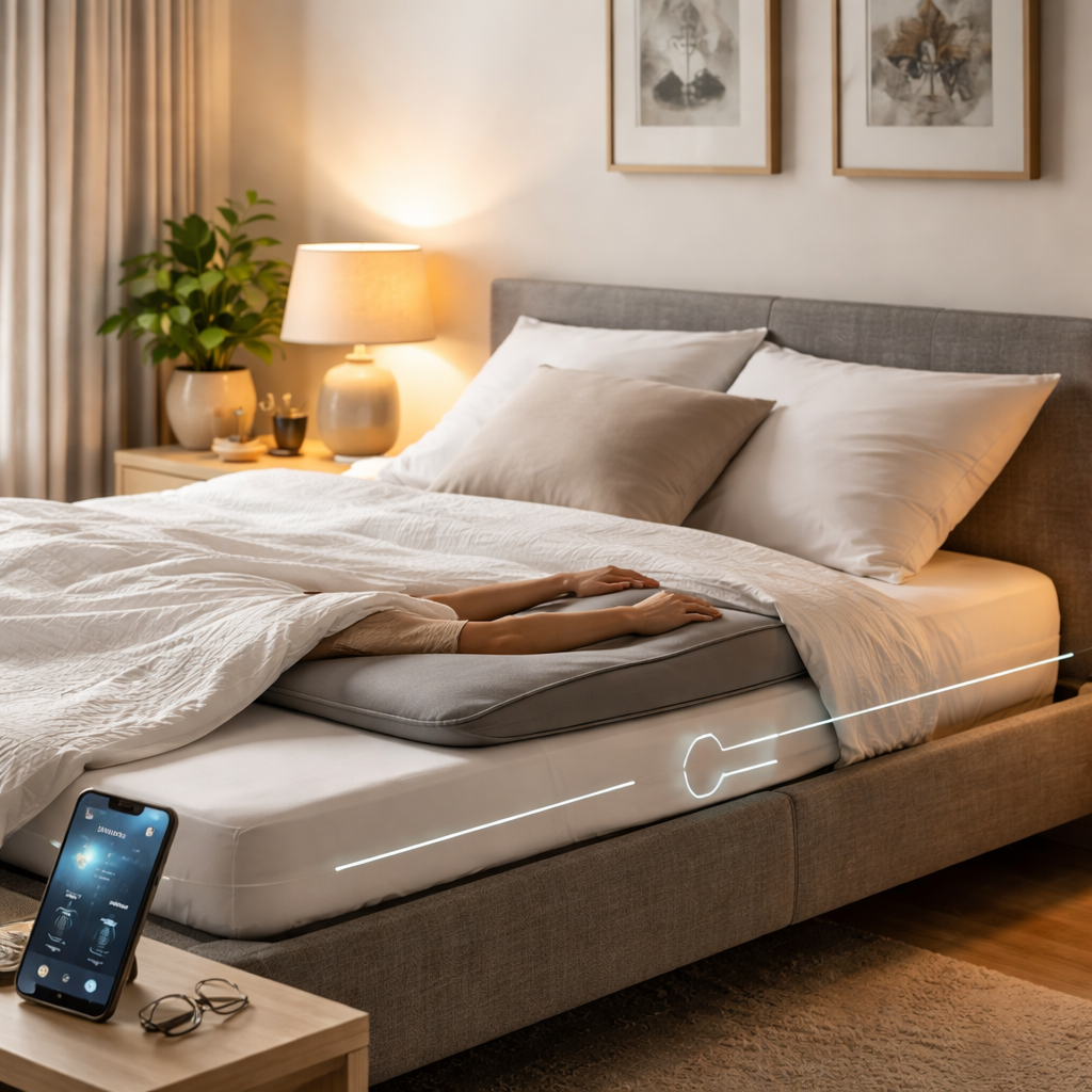 A photorealistic scene of an adjustable bed in a modern Australian bedroom, showing the head section raised slightly, a person’s wrist relaxed on a pillow, soft morning light through a window. Alt: adjustable bed for carpal tunnel australia with gentle head lift.