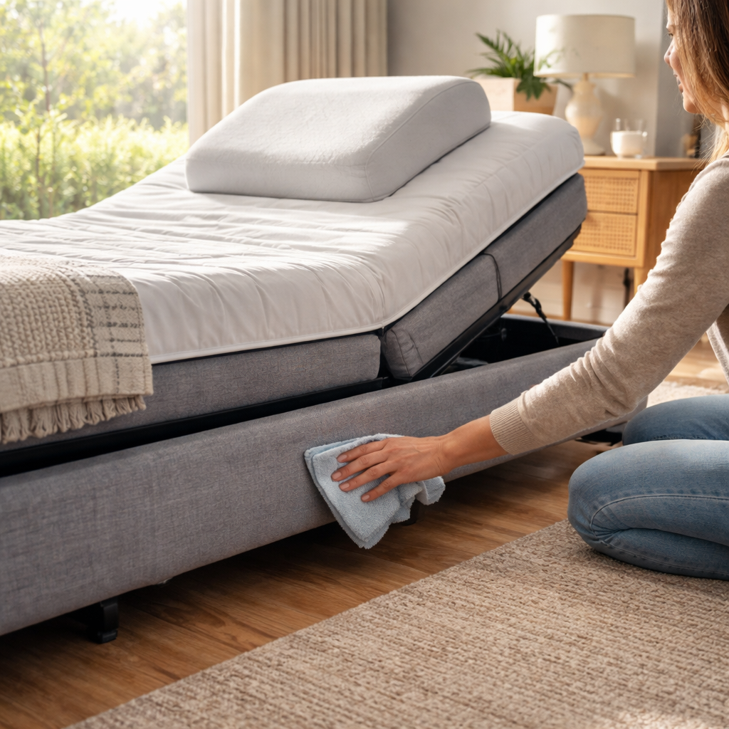 A photorealistic scene of an Australian bedroom at sunrise, showing a Sleep Sophie adjustable bed with the head raised slightly, a thin pillow under one arm, and a person’s wrist relaxed in a neutral position. Alt: adjustable bed for carpal tunnel australia with gentle head lift and arm support.