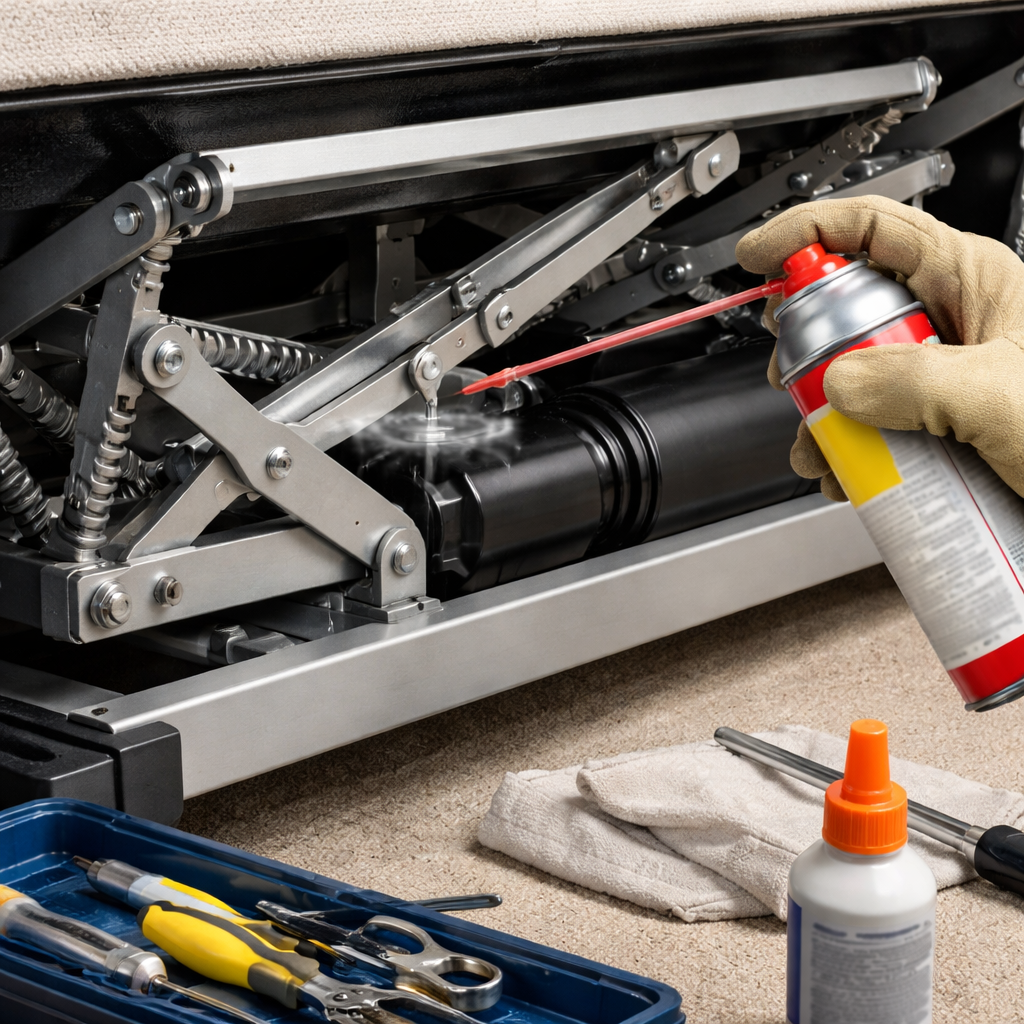 A realistic illustration of an adjustable bed mechanism being serviced, showing motor, hinges and lubricating spray. Alt: maintenance of adjustable bed parts for longevity