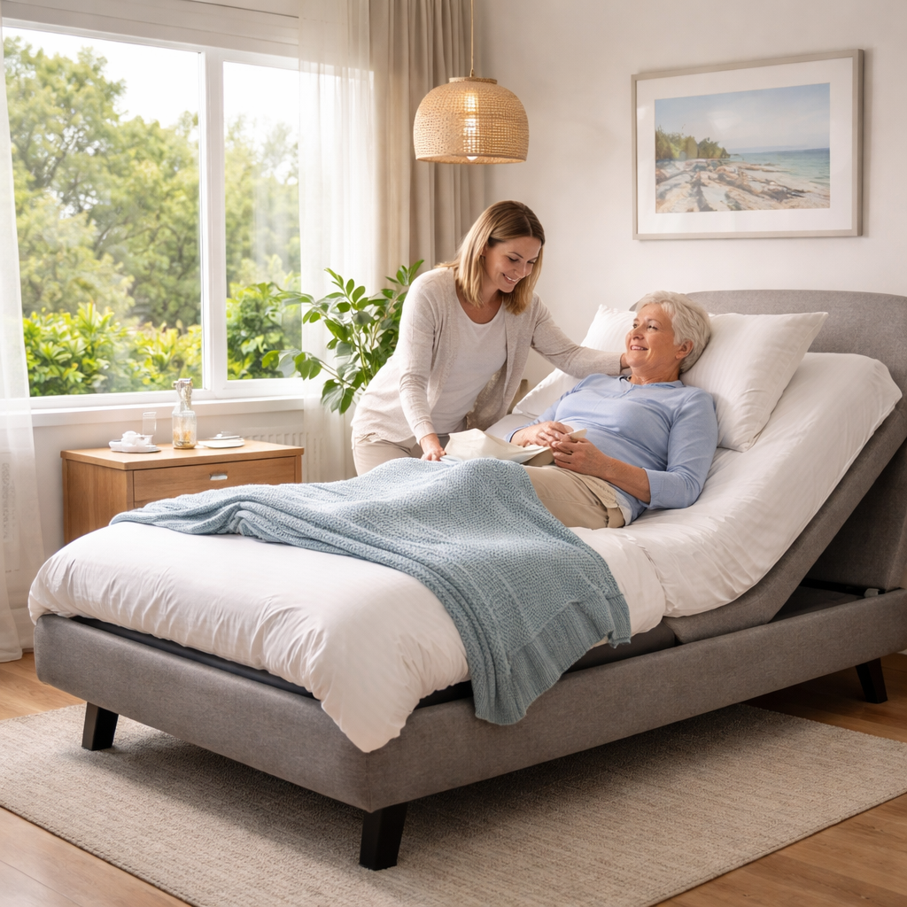 A photorealistic scene of a modern Australian bedroom with an electric adjustable bed set up for chronic fatigue syndrome relief. The head section is raised slightly, the foot section gently elevated, a remote on the bedside table, soft morning light through a window, and a caregiver assisting an elderly user. Alt: adjustable bed for chronic fatigue syndrome australia set up and optimized.