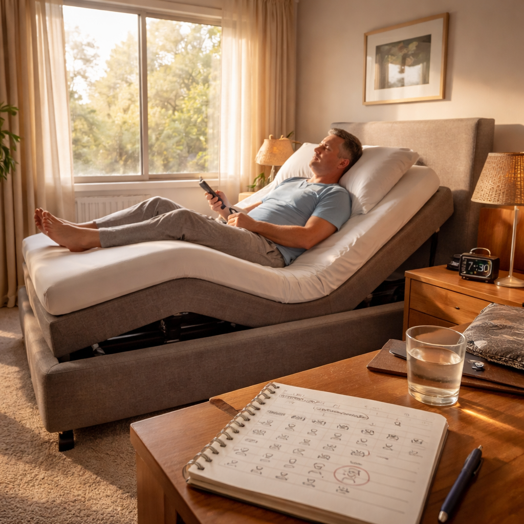 A photorealistic scene of an Australian bedroom with an electric adjustable bed, a person lying down testing head and foot angles, soft morning light streaming through a window, showing a notebook with pain scores on the bedside table. Alt: Adjustable bed for chronic pain Australia assessment.