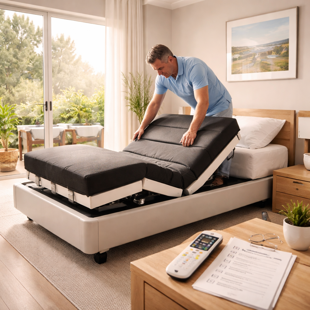 A photorealistic scene of an Australian bedroom with a modern adjustable bed being assembled, a caregiver adjusting the head and foot sections, soft morning light through a window, showing the remote control and a printed checklist beside the bed. Alt: Adjustable bed for chronic pain australia showing buying and setup process.