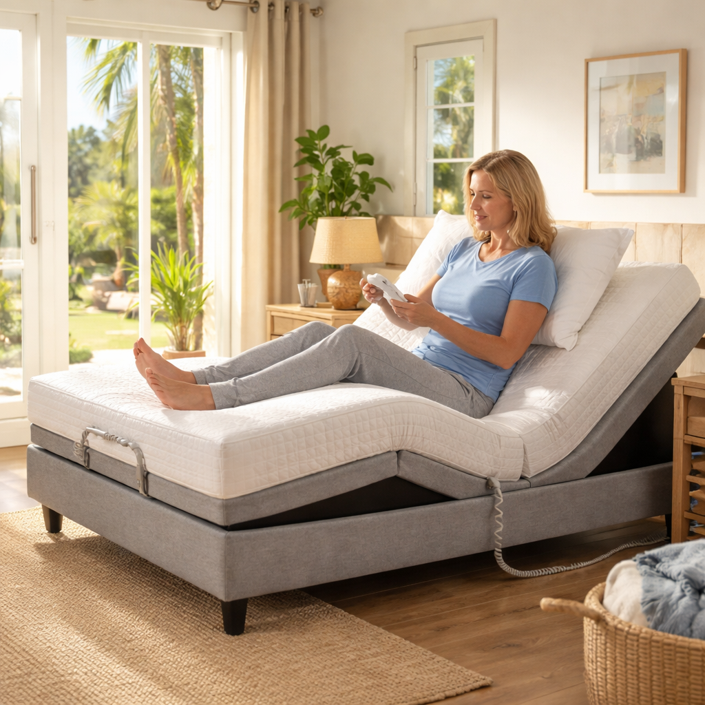 A photorealistic scene of a person with chronic pain adjusting the head and foot sections of an electric bed in a sunny Australian bedroom. Alt: adjustable bed for chronic pain relief features.