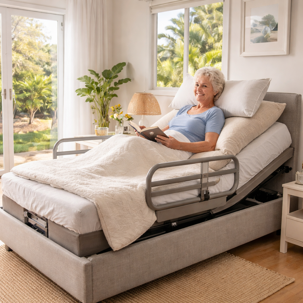 A photorealistic scene of a senior using an adjustable bed with side rails, a lumbar wedge, and a bamboo‑covered pillow stack in a bright Australian bedroom. Alt: adjustable bed for chronic pain relief with supportive accessories.