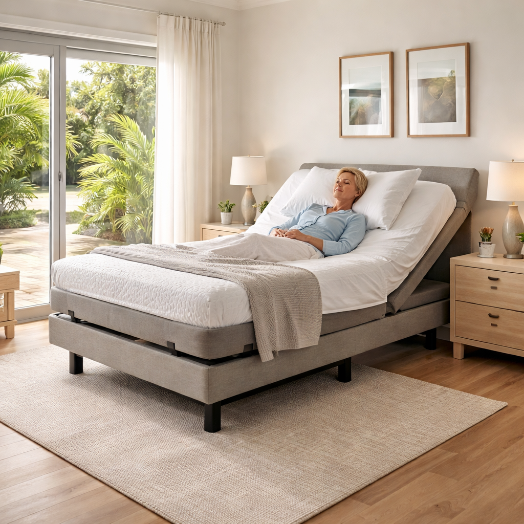 A photorealistic scene of a bedroom in an Australian home showing a modern adjustable bed with its head section slightly raised, a person with a relaxed expression lying on the bed, soft natural light from a window, and clear floor space around the bed for movement. Alt: adjustable bed for COPD patients australia