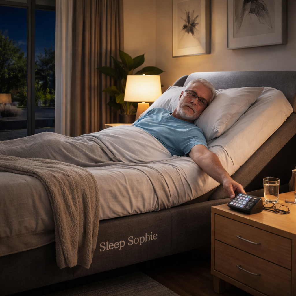 A photorealistic scene of a modern Australian bedroom at night, showing a Sleep Sophie adjustable bed in a slightly raised head position, a senior user reaching for the six‑button remote, soft bedside lamp, and a calm, relaxed atmosphere. Alt: Adjustable bed for COPD patients australia with easy‑to‑use controls.