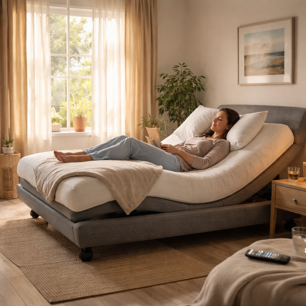 A photorealistic scene of a cozy bedroom in Australia, showing an electric adjustable bed with head and leg sections tilted, soft morning light filtering through curtains, a person lying comfortably, highlighting the bed's controls and a calm atmosphere. Alt: Adjustable bed for depression relief australia.