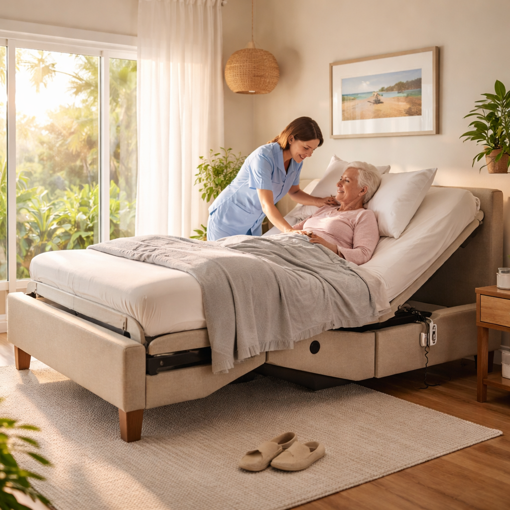 A photorealistic scene of an adjustable bed in a bright Australian bedroom, showing the head and foot sections raised, a caregiver assisting an elderly person, soft morning light streaming through a window, highlighting therapeutic features. Alt: Adjustable bed for depression relief australia.