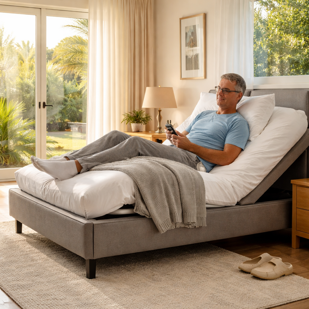 A photorealistic scene of a bedroom in Australia with an electric adjustable bed set at a gentle foot‑end incline, showing a person with diabetic neuropathy adjusting the head and foot positions, soft morning light streaming in, highlighting comfort and health evaluation. Alt: adjustable bed for diabetic neuropathy australia comfort evaluation.