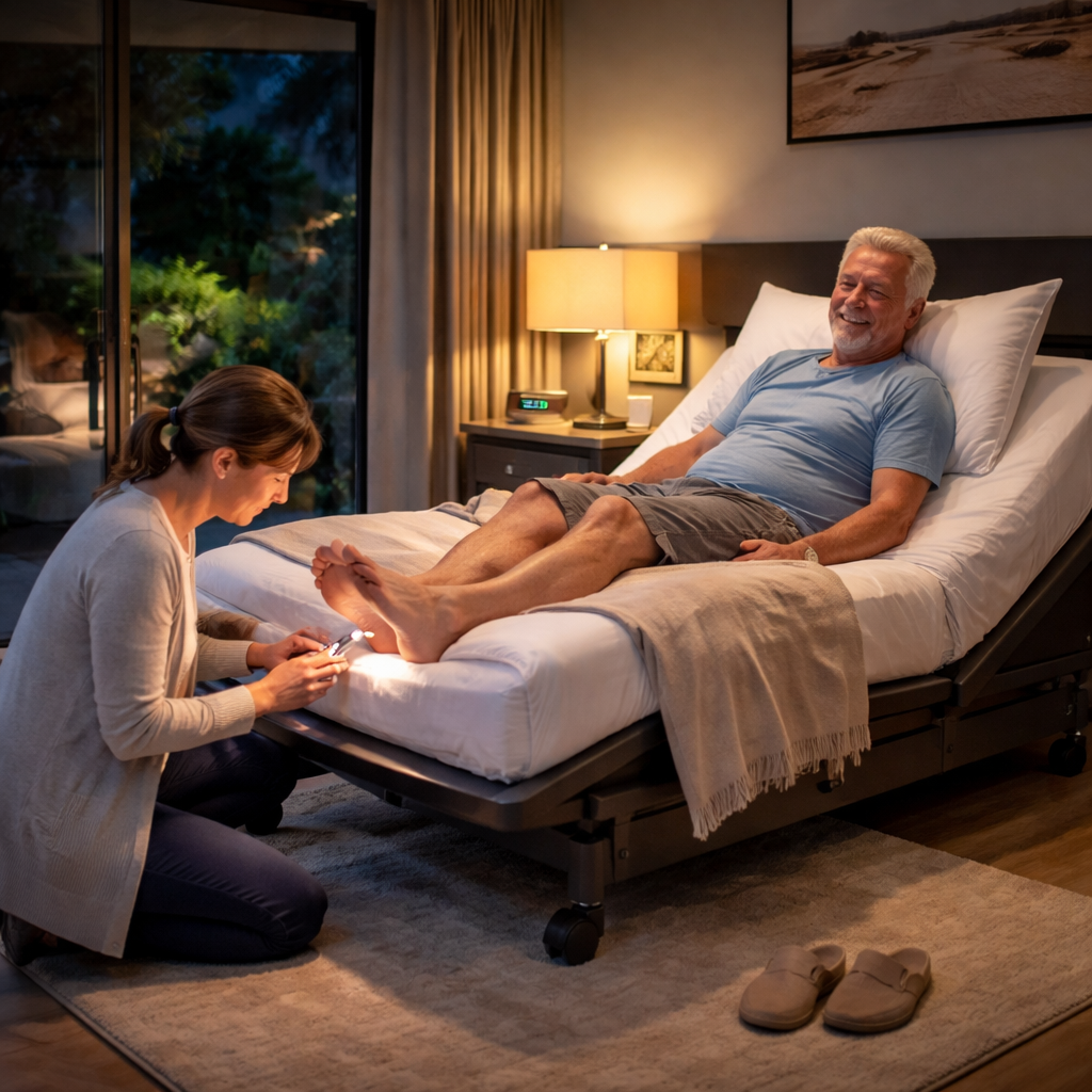 A photorealistic scene of a modern Australian bedroom at night, showing a person with diabetic neuropathy lying on an adjustable bed with the foot platform raised to a gentle angle, soft ambient lighting, and a caregiver checking foot condition. Alt: Adjustable bed for diabetic neuropathy australia – night comfort setup.
