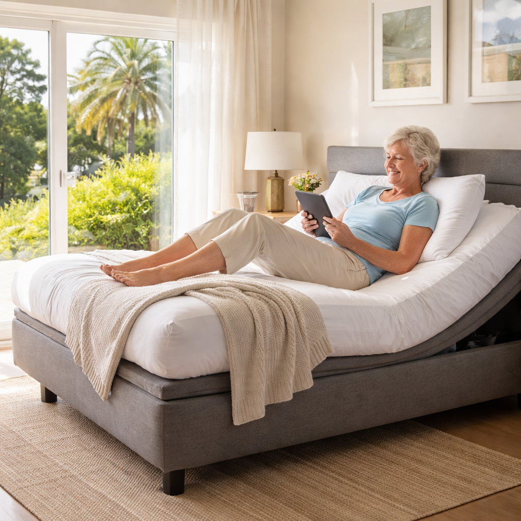 A photorealistic scene of an adjustable bed in a sunny Australian bedroom, the foot end raised to 20 degrees, showing an elderly person gently stretching their calves while reading a tablet. Alt: adjustable bed for edema swelling australia