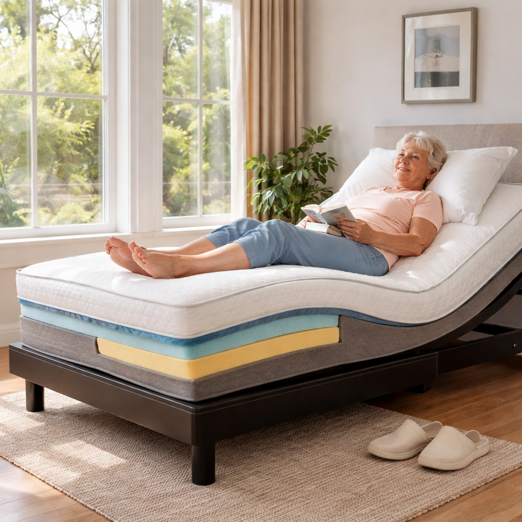 A photorealistic scene of a comfortable adjustable bed in an Australian bedroom, showing a supportive mattress with layered foam visible, the foot section raised slightly, an elderly person with swollen ankles relaxed, natural daylight streaming in. Alt: adjustable bed for edema swelling australia mattress support layers
