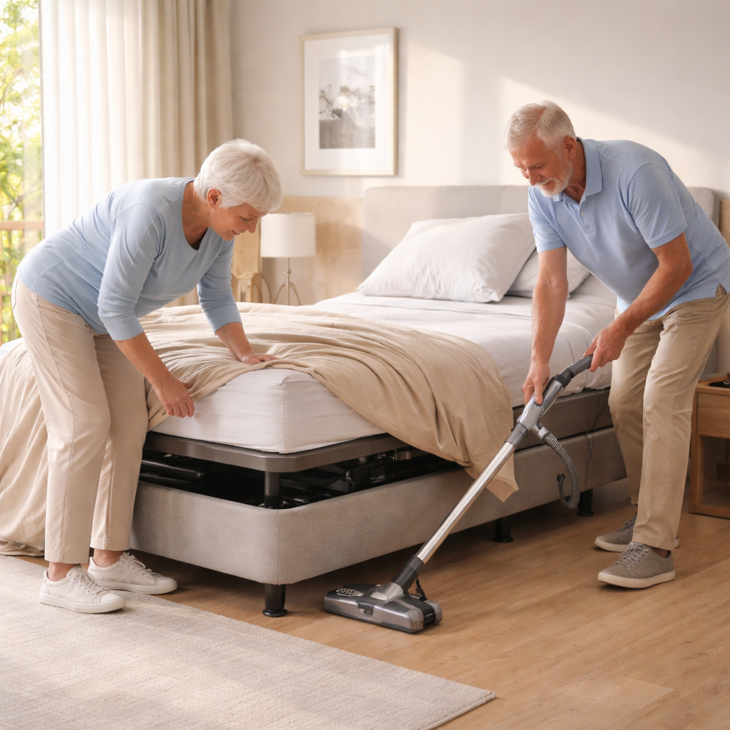 A photorealistic scene of an elderly Australian couple gently vacuuming around the base of an electric adjustable bed in a bright bedroom, soft morning light, showing clean joints and tidy cables. Alt: adjustable bed for elderly australia maintenance.