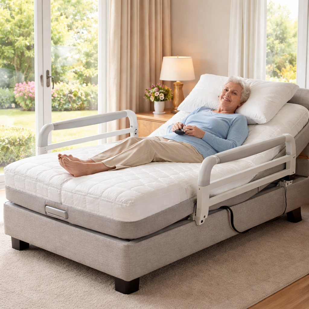 A realistic photo of an elderly person with arthritis lying comfortably on an electric adjustable bed, showing the mattress surface and supportive side rails, set in a bright Australian bedroom. Alt: Adjustable bed for elderly with arthritis australia