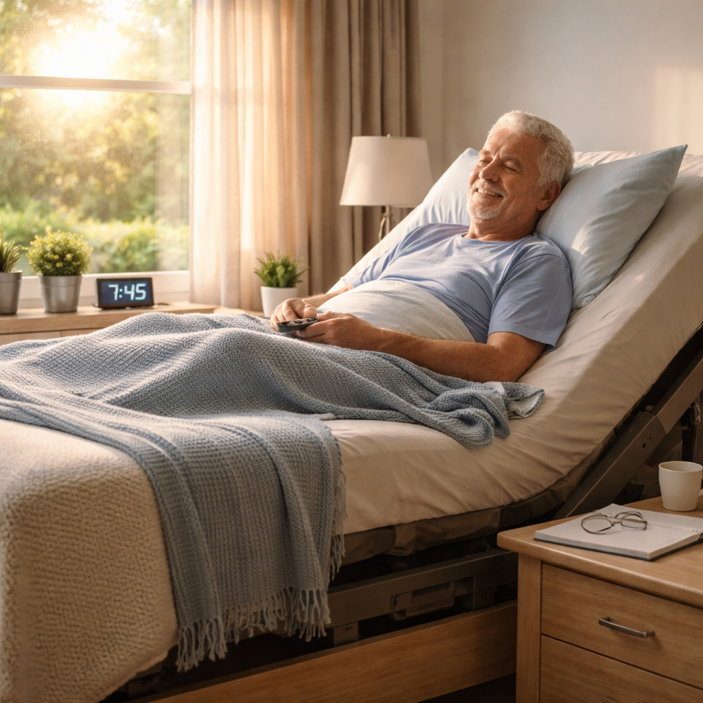 A photorealistic image showing an elderly Australian with arthritis comfortably lying in an electric adjustable bed, soft morning light streaming through a window, bedside table with a notepad. Alt: Adjustable bed for elderly with arthritis australia realistic scene.