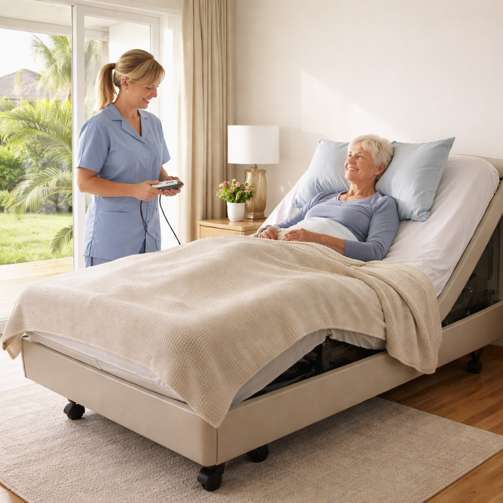 A photorealistic scene of an elderly person resting comfortably in an adjustable bed in a bright Australian bedroom, the head and foot sections slightly raised, a caregiver adjusting the remote nearby. Alt: adjustable bed for elderly with back pain australia