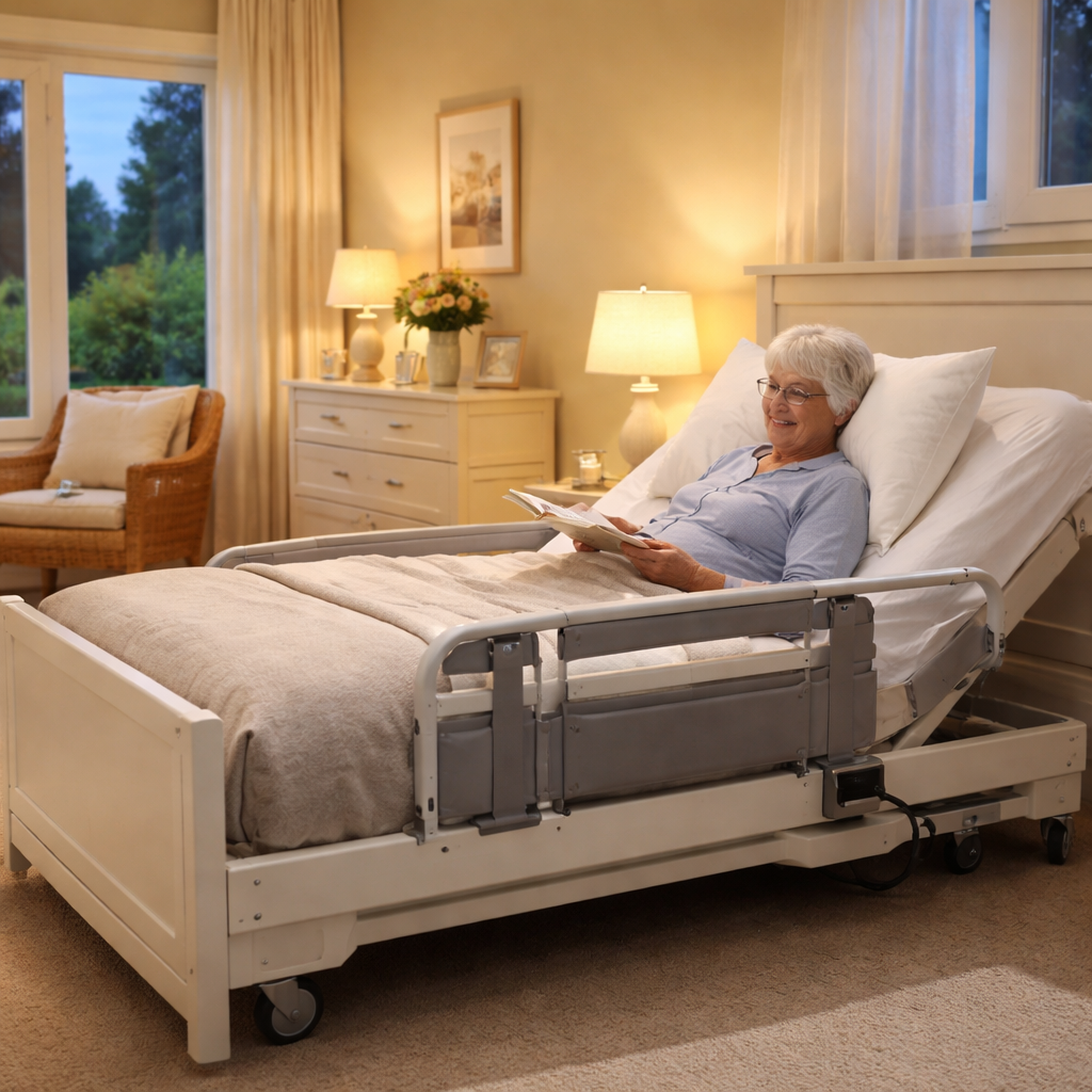 A photorealistic scene of an elderly person using an adjustable bed with a safety rail and soft night‑light in a tidy Australian bedroom. Alt: adjustable bed for elderly with back pain australia safety accessibility mobility