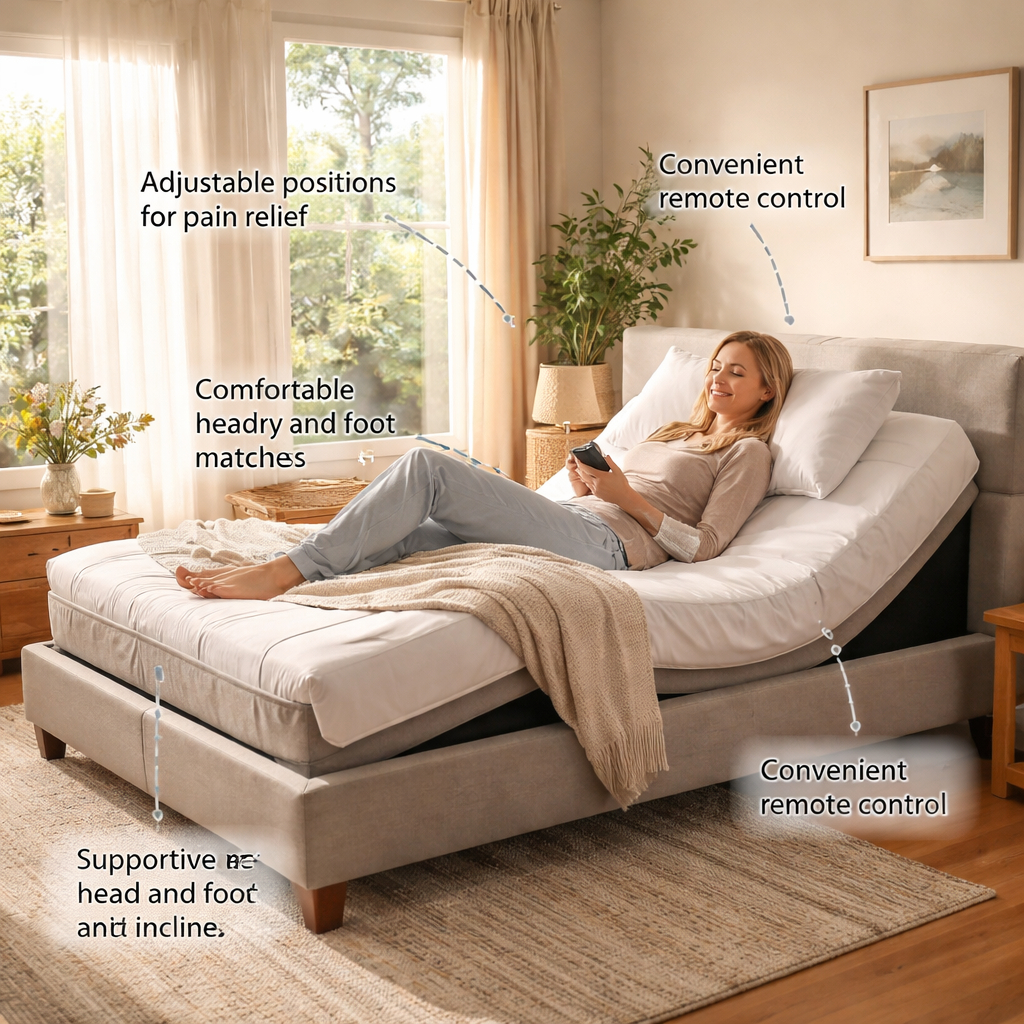 A photorealistic scene of an adjustable bed in a calm bedroom, showing a person gently raising the head and foot sections, soft morning light, Australian interior, highlighting comfort for fibromyalgia users. Alt: Adjustable bed for fibromyalgia australia showing key features.