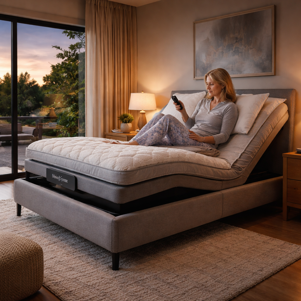 A photorealistic scene of a modern Australian bedroom at dusk, showing a Sleep Sophie adjustable bed with a remote in hand, soft lighting, and a person with fibromyalgia gently adjusting the head and foot sections. Alt: adjustable bed for fibromyalgia australia comparison view.