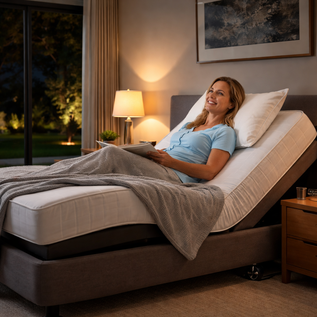 A photorealistic scene of a modern Australian bedroom at night, showing an electric adjustable bed tilted to a 35‑degree head‑end angle, soft bedside lamp, and a relaxed adult smiling, emphasizing comfort and GERD relief. Alt: Adjustable bed for GERD relief in a realistic bedroom setting.