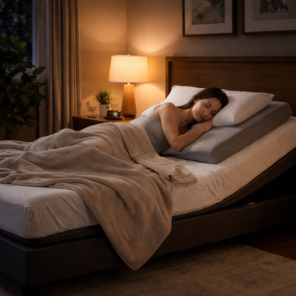 A photorealistic bedroom at night in an Australian home, showing an adjustable bed with the head section raised to a 35‑degree angle, a low‑profile pillow and a memory‑foam wedge pillow positioned under the head, a person sleeping on their left side, soft bedside lamp casting warm light, emphasizing comfort and GERD relief. Alt: Adjustable bed for GERD with pillows and proper sleep position.