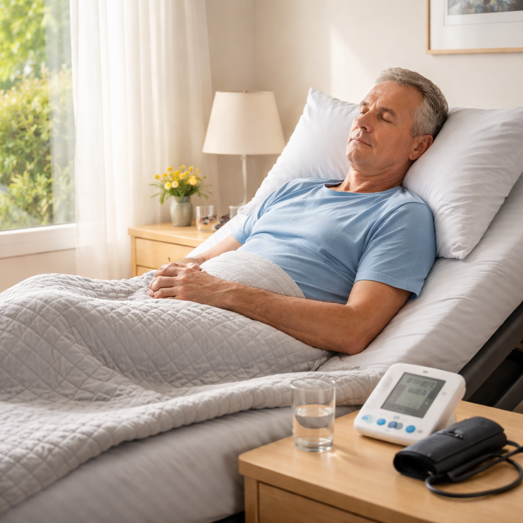 A photorealistic scene of an older Australian adult lying on an adjustable bed with a slight head raise, showing a blood pressure monitor on bedside table, bright morning light through window. Alt: Adjustable bed for hypertension Australia.