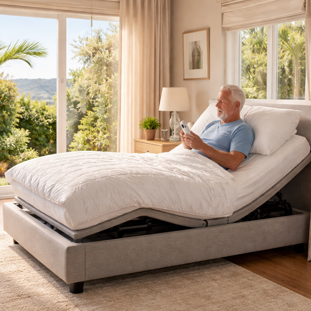 A photorealistic scene of an Australian bedroom with an electric adjustable bed, a senior pressing a large remote, soft morning light, showing the bed in a slightly raised head position. Alt: adjustable bed for hypertension australia, senior using remote, realistic style.