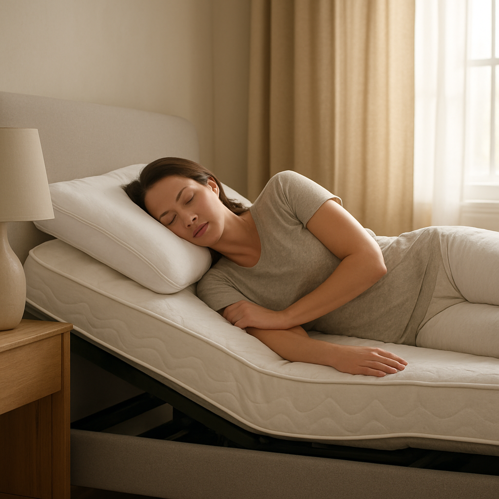 A photorealistic scene of a bedroom with an adjustable bed for neck pain, showing a side sleeper in a slightly elevated position, soft natural lighting, realistic textures, and a contour pillow supporting the neck. Alt: Person assessing sleep position on adjustable bed for neck pain.