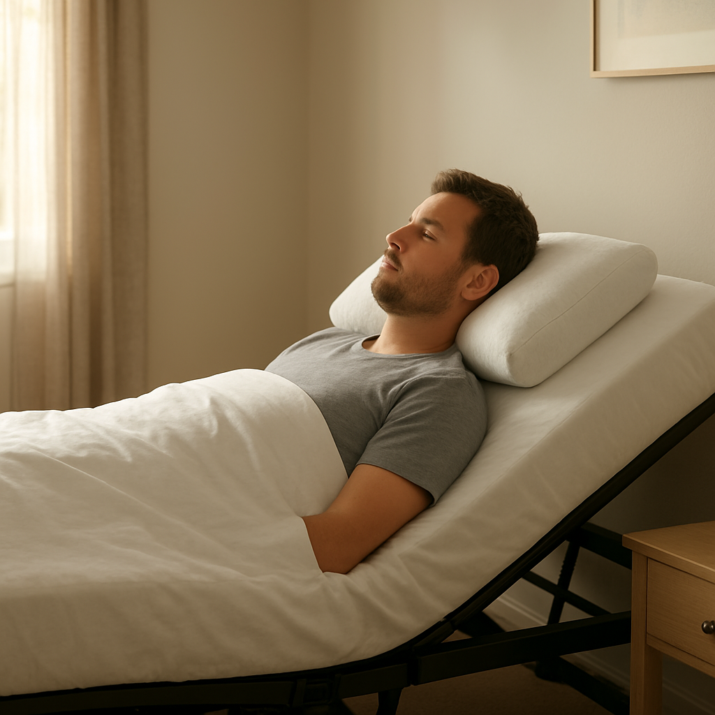 photorealistic bedroom scene showing an adult on an adjustable bed with the head uplifted to a mid-range tilt, using a contoured pillow to support the cervical curve; soft morning light; bedside table within reach; calm, clutter-free setting. Alt: Adjustable bed neck pain tilt in a realistic Australian bedroom.