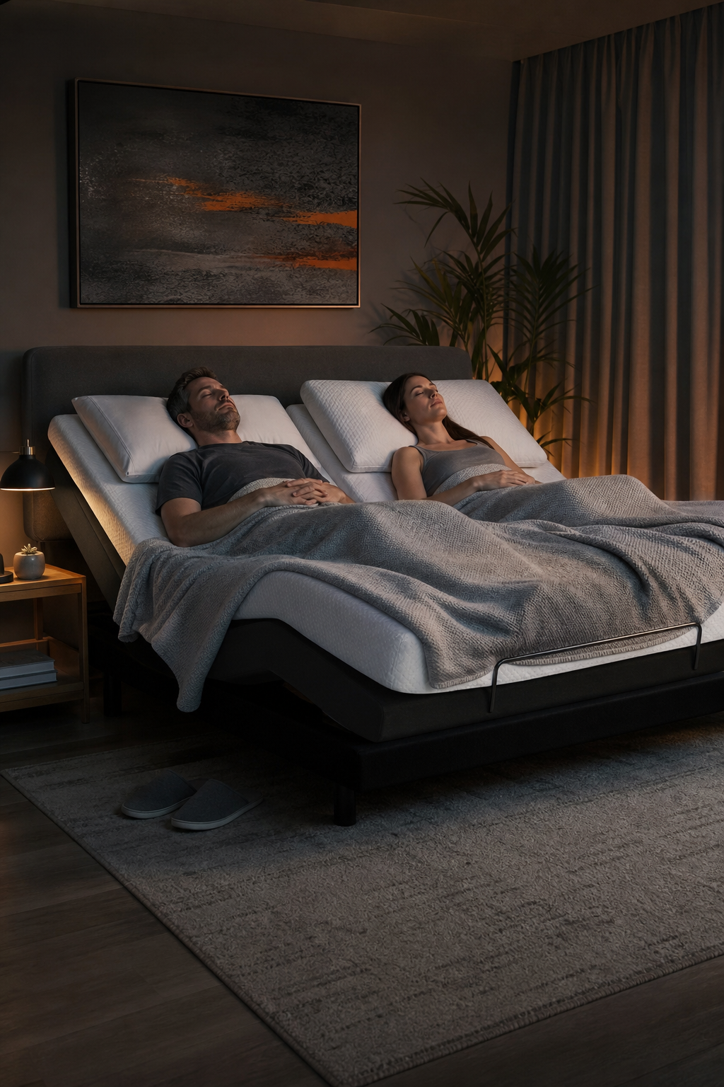 A realistic image of a couple adjusting their split king adjustable bed with a remote, focusing on the head section being raised while the foot section stays flat, with pillows placed correctly. Alt: Couple setting up adjustable bed for different sleep positions.