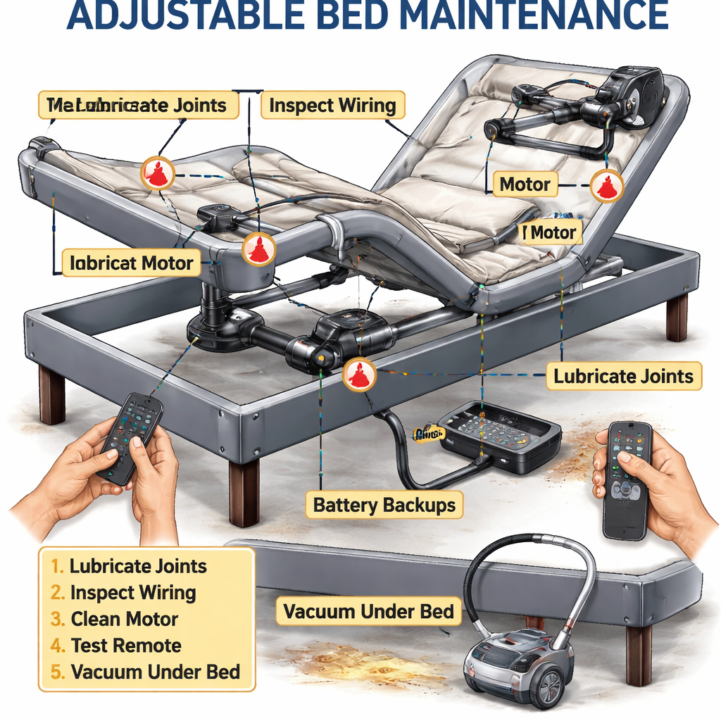 Detailed diagram of an adjustable bed mechanism showing motor, joints, and lubrication points, with labels for maintenance steps. Alt: adjustable bed maintenance illustration.
