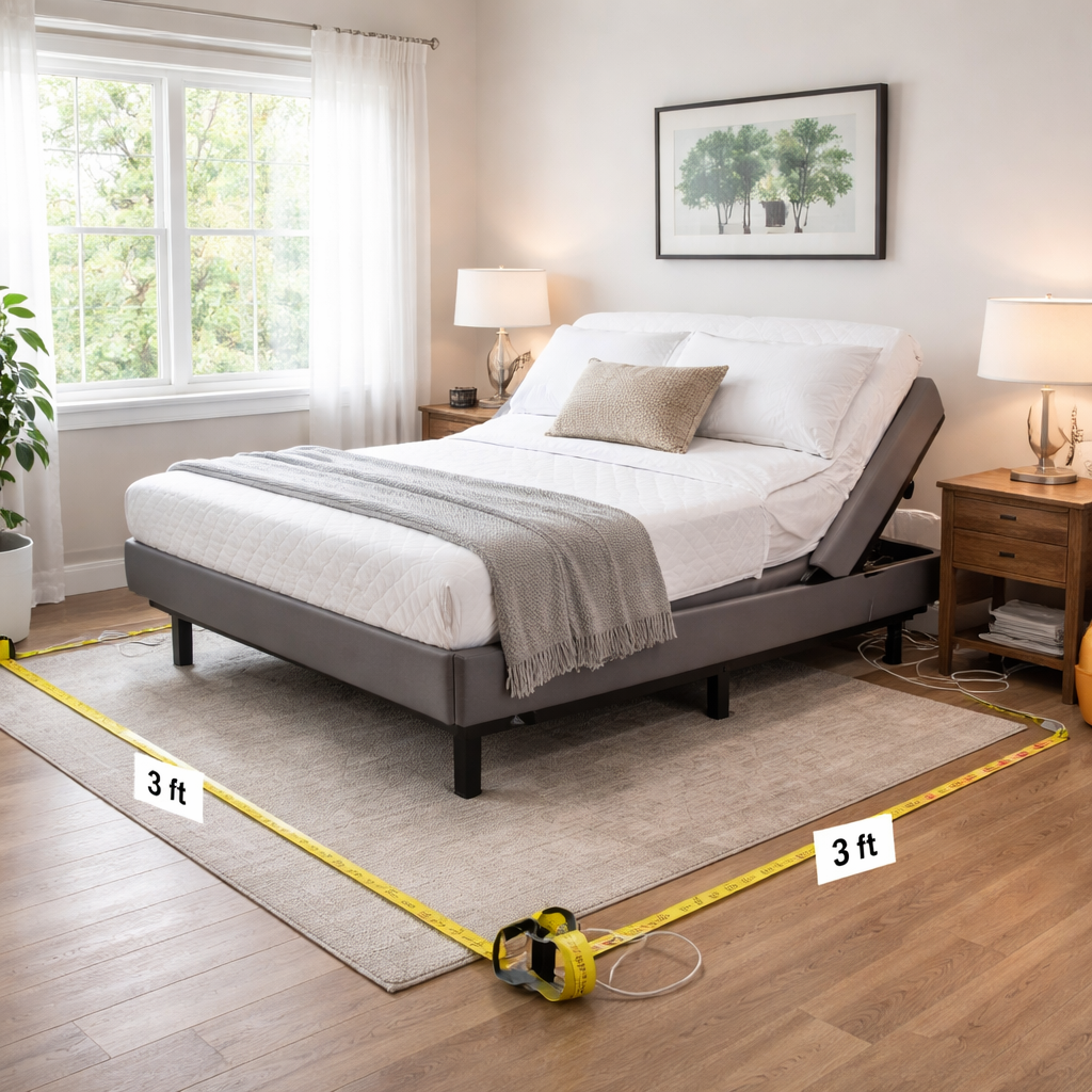 A realistic bedroom layout showing an adjustable bed with clear space around it, measuring tape on the floor, and a power outlet nearby. Alt: adjustable bed space planning for post surgery recovery