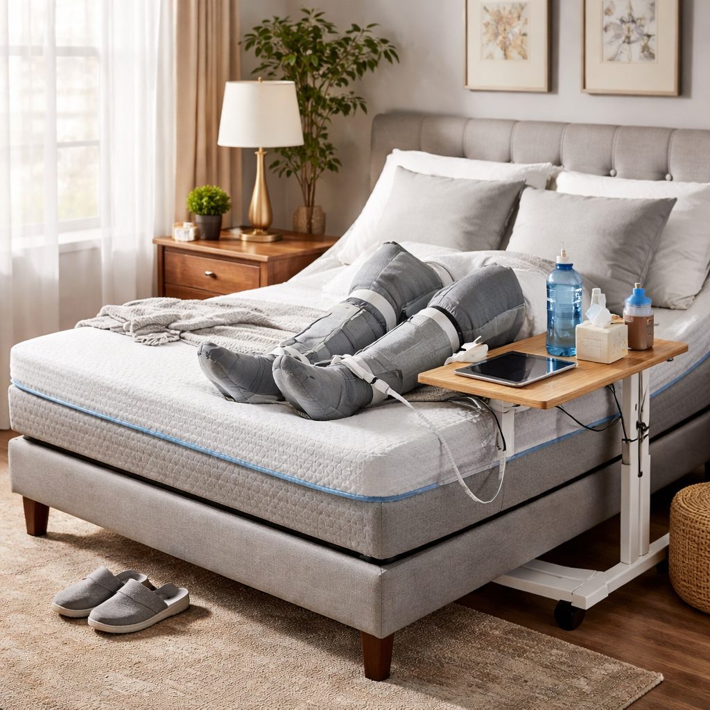 A realistic bedroom scene showing an adjustable bed with a medium‑firm memory foam mattress, a gel‑infused top layer, and recovery accessories like a bedside tray and compression sleeves. Alt: mattress and accessories for post surgery recovery
