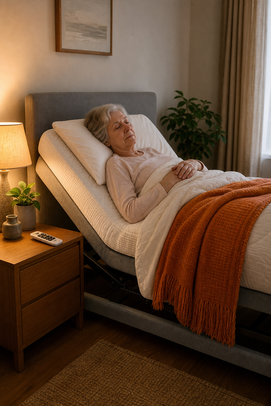 A realistic bedroom scene showing an elderly person resting comfortably in an improved adjustable bed position, with a wireless remote on the nightstand and soft warm lighting. Alt: senior with chronic fatigue syndrome resting in adjustable bed Australia.